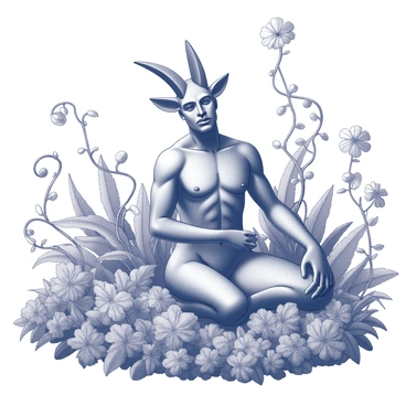 A figure of "Baphomet" is seated in the center of a lush garden. The figure is surrounded by an array of "vibrant flowers and vines" that twist and intertwine around it. The garden features various types of plants, with detailed leaves and intricate flower designs. The overall composition shows a sense of harmony between the figure and the natural elements present in the garden, creating a rich and dense atmosphere filled with life.
