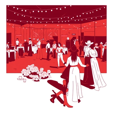 A red and white scene captures a glamorous evening gala for cowgirls celebrating after a rodeo. The venue is adorned with bright string lights that illuminate the area, creating a festive atmosphere. Cowgirls in elegant outfits are mingling, with some wearing stylish hats and boots. Tables are set with white tablecloths and centerpieces featuring wildflowers. In the background, a live band plays country music, and a dance floor is lively with couples dancing. The overall vibe is one of joy and camaraderie, as the cowgirls enjoy their well-deserved celebration.