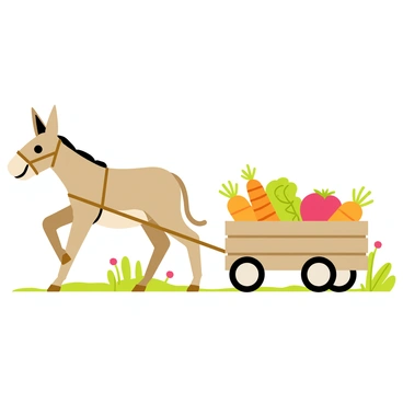A donkey with a light brown coat is pulling a small wooden cart. The cart is overflowing with fresh vegetables, including bright orange carrots, plump red tomatoes, and leafy green lettuce. The donkey has a gentle expression and is wearing a simple brown harness. The scene is set in a sunny outdoor environment, with patches of green grass surrounding the cart and a few scattered flowers in the background.