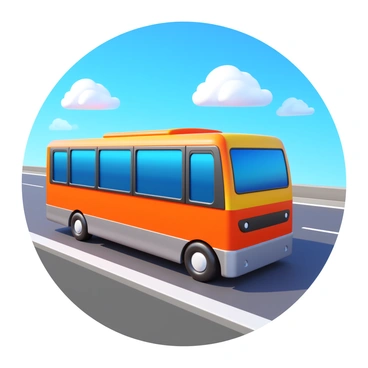 A sleek, modern express bus in bright colors is speeding down a smooth highway. The bus has large windows and a streamlined design. The highway has minimal traffic, with only a few cars in the distance. Blue sky and fluffy white clouds are visible above, providing a clear backdrop for the scene. The pavement reflects the sunlight as the bus travels swiftly along the road.