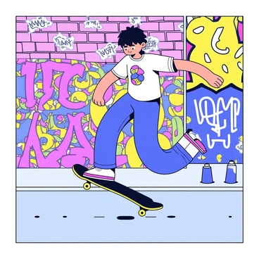 A teenager with short hair is performing an ollie on a skateboard, airborne above the pavement. He is wearing a t-shirt with a graphic design and baggy jeans. The skateboard has colorful designs on its underside. The background features a street covered in vibrant graffiti art on brick walls, showcasing various patterns and colors. A few scattered spray paint cans are visible on the ground near the skateboard. The sun casts a warm light, creating shadows on the pavement.