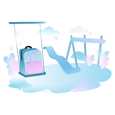 A school bag is hanging from a swing in an empty playground. The swing is slightly swaying as if recently used, and the school bag has bright colors and fun patterns on it. The playground equipment behind the swing includes empty slides and climbing structures, all bathed in soft, gradient pastel colors. The ground is covered with a mix of grass and sand, adding to the tranquil atmosphere of the scene. A gentle breeze is suggested by the slight movement of the swing.