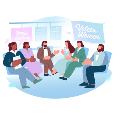 A group of actors dressed in period-appropriate attire resembling "Susan B. Anthony" and her contemporaries is gathered in a room that reflects a historical setting. The actors are engaged in a discussion, with one actor holding a stack of papers and another gesturing emphatically. In the background, there are banners and pamphlets related to women's suffrage, with the words "Votes for Women" prominently displayed. The lighting in the room creates a warm and inviting atmosphere, enhancing the sense of urgency and camaraderie among the actors.