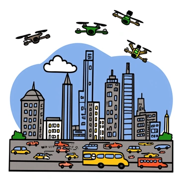 A group of drones flying in the sky above a large city, capturing live news footage. The drones are equipped with cameras and are positioned at different heights, hovering above tall skyscrapers with reflective glass windows. Below, the city is bustling with activity, featuring busy streets filled with cars, buses, and pedestrians. The skyline is dotted with various architectural styles, including modern high-rises and historical buildings. The atmosphere is dynamic and lively, with a blue sky and a few fluffy white clouds in the background.