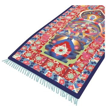 A section of an eastern rug is displayed prominently in the image. The rug features a variety of intricate patterns, including geometric shapes and floral motifs. The colors are rich and vibrant, with deep reds, blues, and golds blending harmoniously. The texture of the rug is visible, showcasing its woven craftsmanship. Shadows cast by the folds of the rug add depth to the image, highlighting the complexity of its design. The edges of the rug are adorned with a decorative fringe, further emphasizing its traditional aesthetic.