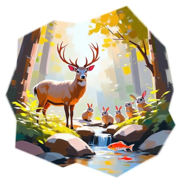 A lithography illustration depicting a lush forest scene inhabited by various animals in their natural habitats. To the left, a majestic stag stands among tall ferns, its antlers reaching towards the canopy. Nearby, a playful group of rabbits can be seen hopping around, their fur blending with the earthy tones of the forest floor. In the background, a serene stream winds through the scene, with colorful fish visible beneath the surface. High in the trees, a family of owls is perched, their wide eyes watching over the forest. The sun filters through the leaves, casting soft light on the vibrant greenery.