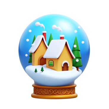 A snow globe containing a picturesque village. The village features charming cottages with sloped roofs, covered in a layer of white snow. There are tiny trees scattered throughout the village, also dusted with snow. The scene includes smoke curling from chimneys, indicating warmth and coziness inside the homes. Gently falling snowflakes are visible, creating a serene atmosphere within the globe. The base of the snow globe is ornate, adding detail to the overall composition.