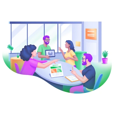 A modern pastel illustration depicting a diverse group of employees collaborating in an open-plan office. There are four individuals gathered around a large, oval table. One employee, a woman with curly hair, is pointing at a digital tablet. Next to her, a man with glasses is taking notes in a notebook. A third individual, a woman with straight hair, is gesturing enthusiastically while discussing ideas, and a man with a beard is listening attentively. Brightly colored desks with plants are scattered throughout the office space. Large windows allow natural light to fill the room, and motivational posters decorate the walls.
