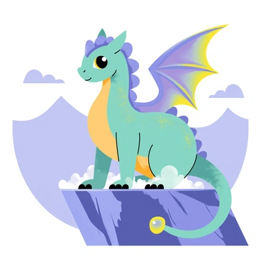 A mythical creature with vibrant scales in shades of teal and purple sits on a rocky cliff. The creature has large, iridescent wings that shimmer in the sunlight, reflecting various colors. Its eyes are bright and expressive, with a hint of golden hue. Surrounding the creature is a light mist that swirls around its feet, adding an enchanting effect. The background features distant mountains under a clear blue sky, providing a dramatic contrast to the creature's vivid colors.