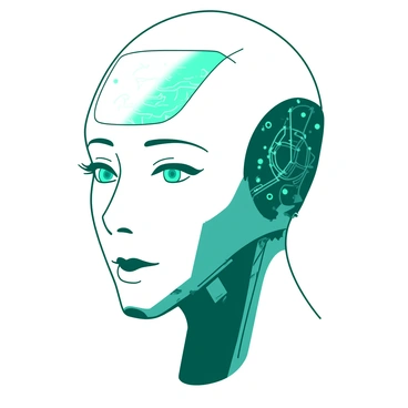 A white human face is partially covered with sleek teal robotic elements, showcasing intricate circuitry and mechanical features. The eyes are enhanced with glowing teal lenses that emit a soft light. Around the jawline, there are angular robotic components that seamlessly blend into the skin. The forehead features a transparent panel displaying intricate circuitry underneath. The overall expression of the face conveys a sense of advanced technology and human emotion intertwined.