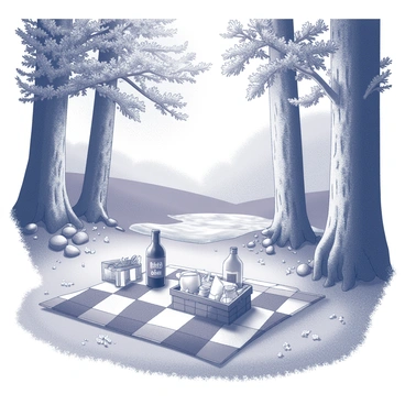 A picnic setup on a grassy area in a forest. A checkered blanket is spread out, with a wooden basket filled with food items. A bottle labeled "fire cider" sits prominently next to a few glasses. Surrounding the picnic area, tall trees with textured bark and lush green foliage create a natural canopy, while patches of sunlight filter through the leaves. The ground is dotted with wildflowers, adding vibrancy to the scene, and a gentle stream can be seen in the background, flowing over smooth stones.