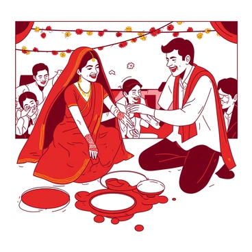 A red and white Bengali bride wearing a traditional red saree with intricate gold embroidery is laughing as she plays a game. Her groom, dressed in a white kurta and red dhoti, is energetically participating alongside her. They are surrounded by friends and family, who are cheering them on. Colorful decorations and floral garlands hang in the background, adding to the festive atmosphere. The bride's hands are adorned with elaborate henna designs, and she is playfully throwing a small flower towards her husband. The groom has a wide smile, showcasing the joy of the celebration.