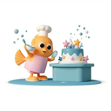 A cartoon fish, with bright orange scales and big round eyes, is standing upright on its tail in a colorful underwater kitchen. It is wearing a small white chef's hat and a pink apron. The fish is holding a mixing bowl with its fins, while a whisk is in the other fin. On the counter in front of it, there is a large cake, frosted in ocean blue with decorative sea stars and colorful shells placed around the sides and on top. Bubbles float around in the water, and a cheerful expression is on the fish's face as it concentrates on its baking.