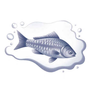 A fish with distinct scales displaying a range of colors swimming gracefully through a fluid, wavy water current. The fish has a streamlined body, with fins extended, creating ripples in the water. Bubbles rise around it, and the current flows smoothly, creating a sense of movement in the aquatic environment.