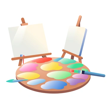 A painter's palette is displayed prominently in the center of the image. The palette is made of wood and has an array of mixed colors layered neatly across its surface. There are vibrant shades of red, blue, yellow, green, and purple, each blending into one another, creating gradients. Small pools of paint are arranged in a circular pattern around the palette's edge, with some of the colors shimmering under the light. In the background, there is a blank canvas on an easel, ready to receive the colors from the palette, and a paintbrush rests beside the palette, hinting at the creative process about to take place.