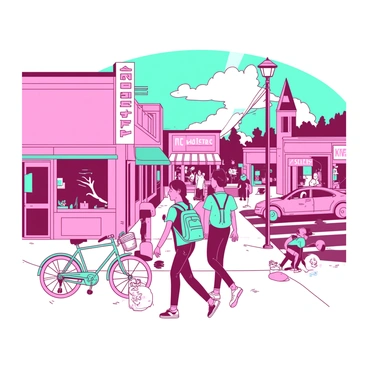 A pink and teal animated scene depicting lively characters walking through a bustling city street. In the foreground, a group of three friends are chatting, one wearing a teal backpack and another holding a pink coffee cup. Colorful storefronts line the street, with pink awnings and teal signs. A teal bicycle leans against a pink lamppost nearby, and in the background, several people are crossing the street while a pink car drives by. The sky is clear with a few fluffy clouds, adding to the vibrant atmosphere of the city.