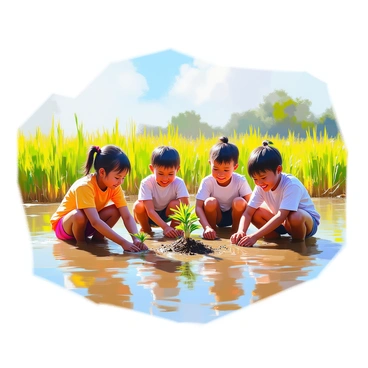 A group of children, with varying skin tones, happily planting rice seedlings in a flooded paddy field. They are on their knees in the water, carefully placing the young plants into the muddy soil. The children are wearing light, colorful clothing suitable for the warm weather. In the background, lush green rice plants can be seen growing in the field, reflecting the sunlight. The sky above is bright and clear, creating a lively atmosphere as the children work together, smiling and chatting.