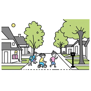A quiet suburban neighborhood street, lined with modest houses featuring front yards. Children are playing on the sidewalk, some riding bicycles and others playing ball. Tall trees with green foliage provide shade over the concrete path, while the sun casts soft shadows on the ground. A few lawn chairs are placed on the porches of the houses, and a mailbox stands at the edge of one of the driveways.
