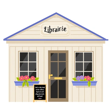 A small librairie with a charming exterior features a weathered wooden facade painted in soft pastel colors. A vintage sign hangs above the entrance, displaying the word "Librairie" in elegant, curved letters. The windows showcase vibrant flowers in rustic window boxes, including red geraniums and vivid purple petunias, creating a lively and inviting atmosphere. The front door is made of dark wood, with a brass handle that glimmers in the sunlight. A small chalkboard sign outside displays the day's special book recommendations in colorful chalk.