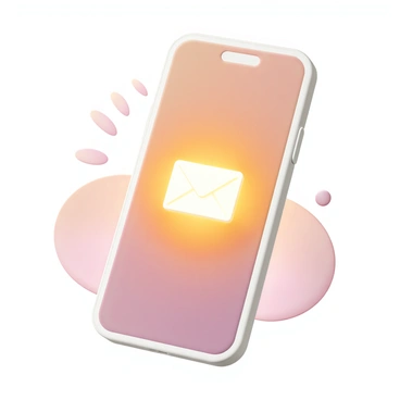 A smartphone is positioned upright, displaying a "glowing email icon" prominently on its screen. The screen is vibrant, emphasizing the luminescent quality of the email icon. The smartphone itself has a sleek design, with rounded edges and a glossy finish. The background features soft gradients of warm colors, creating an inviting atmosphere. Subtle shapes and patterns are gently blended into the background, enhancing the overall warmth without distracting from the smartphone and the glowing icon.
