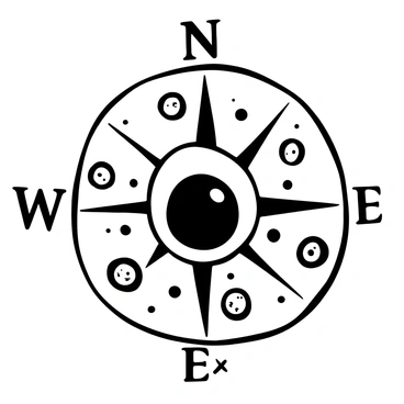 An animal cell illustrated as a compass, with its circular membrane outlined clearly. Each organelle is distinctively labeled and positioned to represent the cardinal directions. The nucleus is centrally located, symbolizing the core of the compass. Mitochondria are placed towards the south, while the endoplasmic reticulum stretches towards the west and east. Ribosomes are scattered around, indicating various points on the compass. The Golgi apparatus is situated in the north, completing the compass design. The entire structure is presented in a clear and organized manner, emphasizing the analogy between the cell and a compass.