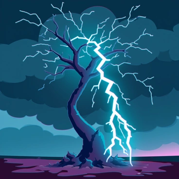 A powerful lightning bolt strikes a lone tree on a dark, stormy night. The tree stands tall with gnarled branches and a thick trunk, partially illuminated by the bright flash of lightning. Dark storm clouds swirl overhead, creating a dramatic backdrop filled with shades of deep gray and black. The ground is damp and muddy, with scattered rain droplets visible as they catch the light from the lightning. The air is filled with a sense of energy and tension, as the storm rumbles in the distance.