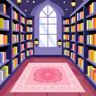 A mystical library filled with tall bookshelves that reach all the way to the ceiling, each shelf overflowing with colorful books. Floating lanterns emit a soft glow, illuminating the room with warm light. The floor is made of polished wood, and a large ornate rug lies in the center, featuring intricate patterns. A large, arched window allows moonlight to filter in, casting gentle shadows across the scene.