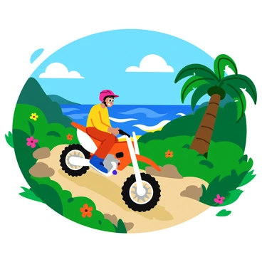 A dirt bike with a sleek, vibrant design is navigating through the rugged terrain of a tropical island. The bike is positioned on a rocky path surrounded by dense green vegetation and tall palm trees. In the background, the ocean glistens under the sunlight, with waves gently crashing against the shore. Brightly colored flowers bloom along the sides of the path, adding splashes of color to the scene. Clouds drift lazily in the blue sky above, casting shadows on the landscape below.