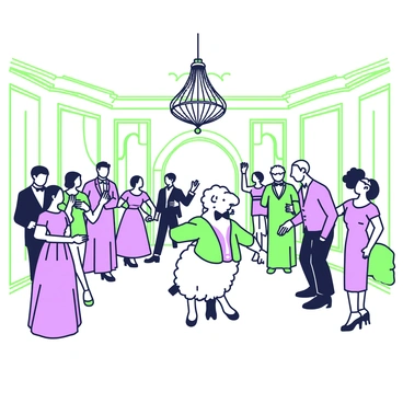 A grand Victorian ballroom filled with guests dressed in formal attire. The scene features a large chandelier hanging from the ornate ceiling, casting light over the polished wooden floor. In the center of the ballroom, an elegantly dressed sheep is gracefully dancing among the guests. The sheep wears a miniature tailcoat with a bow tie, and its movements are fluid as it twirls. Around the sheep, guests are engaged in lively conversation, with a few couples dancing nearby. The walls of the ballroom are adorned with intricate moldings and large mirrors reflecting the vibrant atmosphere.
