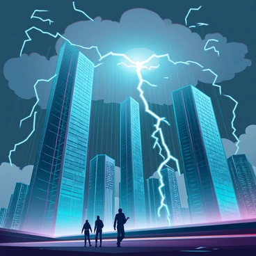 A modern cityscape with towering skyscrapers, their glass façades reflecting the flash of lightning illuminating the dark sky. The storm clouds are thick and ominous, swirling in shades of gray and blue, while heavy rain pours down, creating a curtain of water that partially obscures the buildings. Lightning arcs dramatically between the clouds, casting stark shadows and highlighting the architectural details of the structures. The streets below are slick with rain, and the few visible pedestrians are hurriedly seeking shelter, their figures silhouetted against the bright flashes of light.