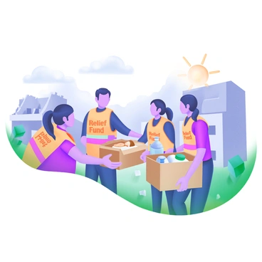 A scene depicting volunteers actively distributing supplies in a disaster-affected area. The volunteers are wearing bright orange vests with the words "Relief Fund" clearly visible on them. They are handing out boxes filled with food and water to local residents, who are gratefully receiving the supplies. In the background, there are partially collapsed buildings and scattered debris, illustrating the impact of the disaster. The sky is overcast, but there are hints of sunlight breaking through the clouds, adding a sense of hope to the scene.