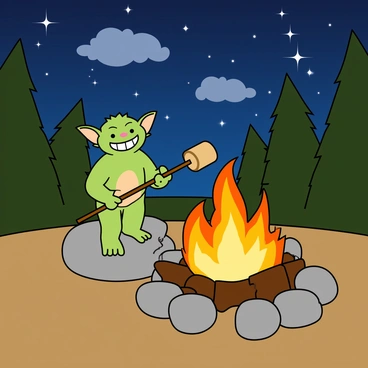 A gremlin roasting marshmallows over a campfire under the stars.