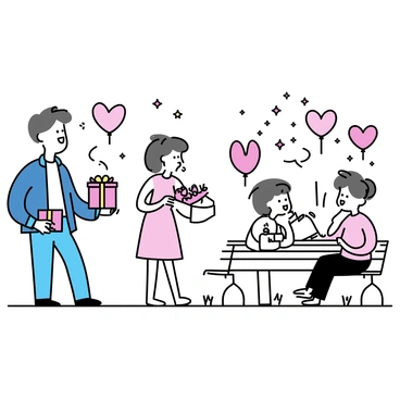 A couple stands in a park, surrounded by "heart-shaped balloons" in shades of red and pink, floating gently in the air. The man, wearing a navy blue jacket and jeans, is holding a small, wrapped gift in a red box with a golden ribbon. The woman, dressed in a light pink dress, looks at him with a smile, holding a bouquet of "red roses" in her other hand. Nearby, another couple is sitting on a bench, laughing together while sharing "chocolate-covered strawberries" from a white box. The atmosphere is lively, filled with "colorful decorations" like streamers and additional balloons hung in the trees.