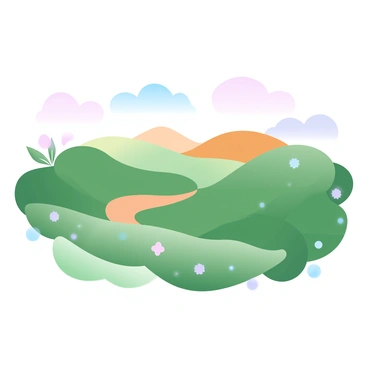 A landscape of rolling hills transitions smoothly from deep lush green at the bottom to a warm golden brown at the crest. The hills are gently undulating, creating a sense of depth and perspective. Various patches of grass and wildflowers dot the scene, adding texture to the greenery. The sky above is a soft gradient, blending pastel hues that complement the earth tones below. A winding path meanders through the hills, inviting exploration.
