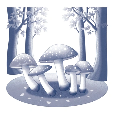 A circular arrangement of toadstools in a glade. The toadstools have distinct, rounded caps and sturdy stems. They appear to be emitting a soft glow, illuminating the surrounding ground. The glade is surrounded by trees with textured bark and detailed leaves. The moonlight filters through the branches, casting subtle shadows. The ground is covered with a mix of grass and fallen leaves, enhancing the natural setting.