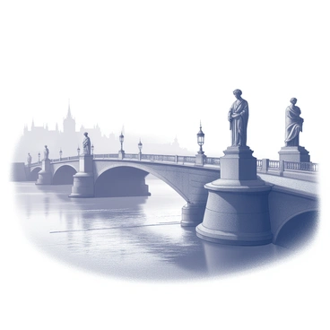 A view of "Charles Bridge" in "Prague" at dawn. The bridge is lined with several statues, each intricately detailed, standing on both sides of the walkway. The mist is rising from the river below, creating a soft, ethereal atmosphere around the scene. The pavement of the bridge is wet, reflecting the soft light of the early morning. In the background, the outlines of historic buildings can be seen, blending into the fog.