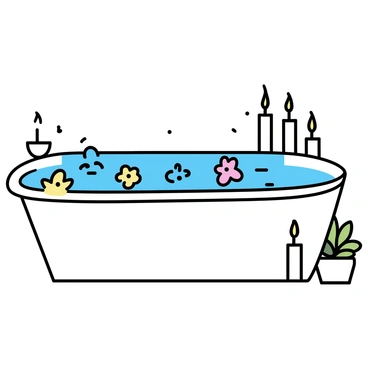A large, white luxurious bathtub is filled with colorful aromatic flowers, including roses and lilies, floating on the surface of the water. Surrounding the rim of the bathtub are several candles of varying heights, each encased in glass holders. The candles are lit, casting a soft glow that reflects gently on the water's surface. The setting is minimalistic, with a smooth white wall and a small potted plant in the corner, enhancing the tranquil ambiance.