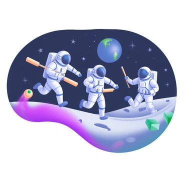 A scene depicting "astronauts participating in a relay race" on the "surface of the moon." The astronauts are in varying poses, each holding a baton, showcasing their race against each other. The moon's surface is textured with craters and dust, under a deep black sky filled with bright "stars." The astronauts wear modern space suits, and their visors reflect the distant Earth. The composition captures the excitement and competition among the astronauts as they race across the lunar terrain.