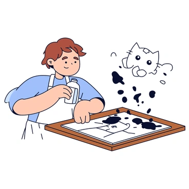 An artist accidentally spilling ink on their drawing, creating a surprising yet funny outcome.