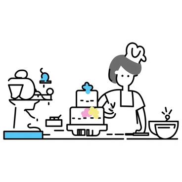 A baker, wearing a white apron, is standing at a countertop in a kitchen. The baker has short brown hair and is focused on decorating a multi-tiered cake. The cake is covered in smooth white icing and has colorful flowers made of fondant placed on its tiers. Various baking tools, including a spatula and piping bags, are scattered around the countertop. A stand mixer is visible in the background, alongside bowls of ingredients and a rolling pin.