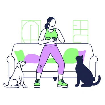 A person is positioned in a squat stance in a living room. They are wearing a fitted workout outfit, and their expression shows concentration. To the left, a dog, a small golden retriever, is mirroring the squatting movement with its front legs bent, looking up at the person. To the right, a cat, a sleek black feline, is crouched down, replicating the position of the person. In the background, there is a cozy couch, and a few colorful cushions are scattered on the floor. A window lets in soft light, adding warmth to the scene.