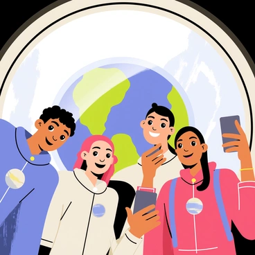 A group of four tourists is taking selfies inside a spacecraft, with their faces illuminated by the soft light from the interior. Each person is wearing a space suit with varying colors, such as blue, red, and silver. Through the large circular window behind them, the Earth is clearly visible, showcasing its vibrant blue oceans and green continents. The window frame adds a metallic texture to the scene. The tourists are smiling and posing, capturing the moment against the stunning backdrop of Earth from space.