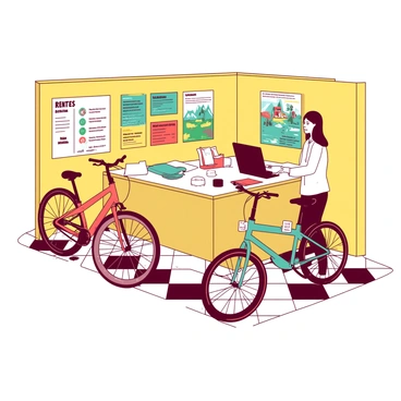 A yellow section of the shop is dedicated to bicycle rentals. Various bicycles are displayed, including a red mountain bike, a teal road bike, and a white cruiser bike. Each bicycle has a price tag attached to its handlebars. The wall behind the bicycles is decorated with colorful posters showcasing biking trails and safety tips. A small white counter is situated nearby, where a friendly attendant is standing, ready to assist customers. The floor is tiled with a checkered pattern, adding to the lively atmosphere of the rental area.