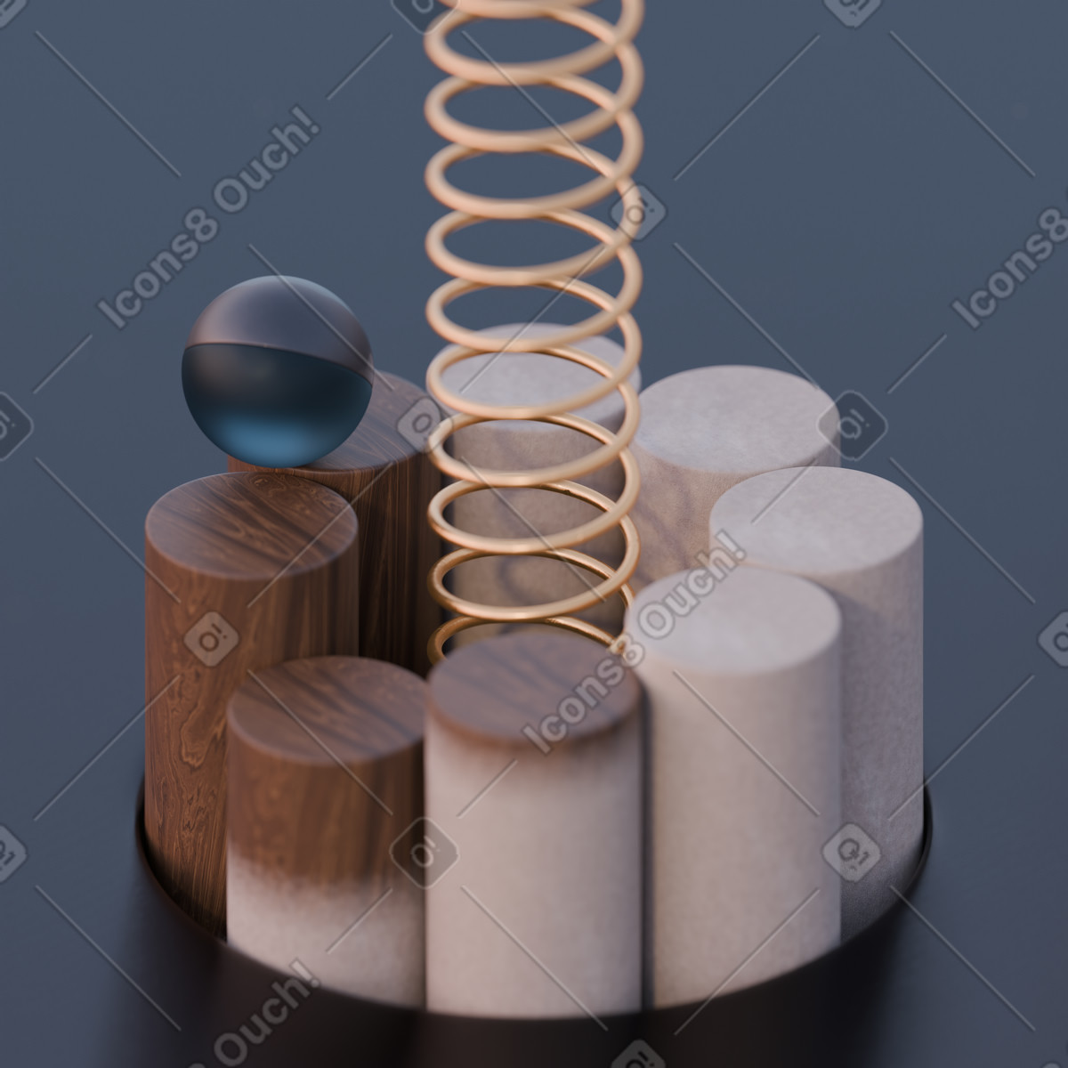 Cilindri in legno e ceramica con molla a spirale illustrazione animata stile 3D Luxe scaricabile GIF, Lottie (JSON), AE