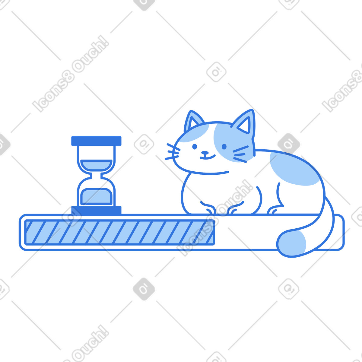 Cat sitting on loading bar with hourglass, screen and waiting indicator illustration in Sky style download in PNG, SVG