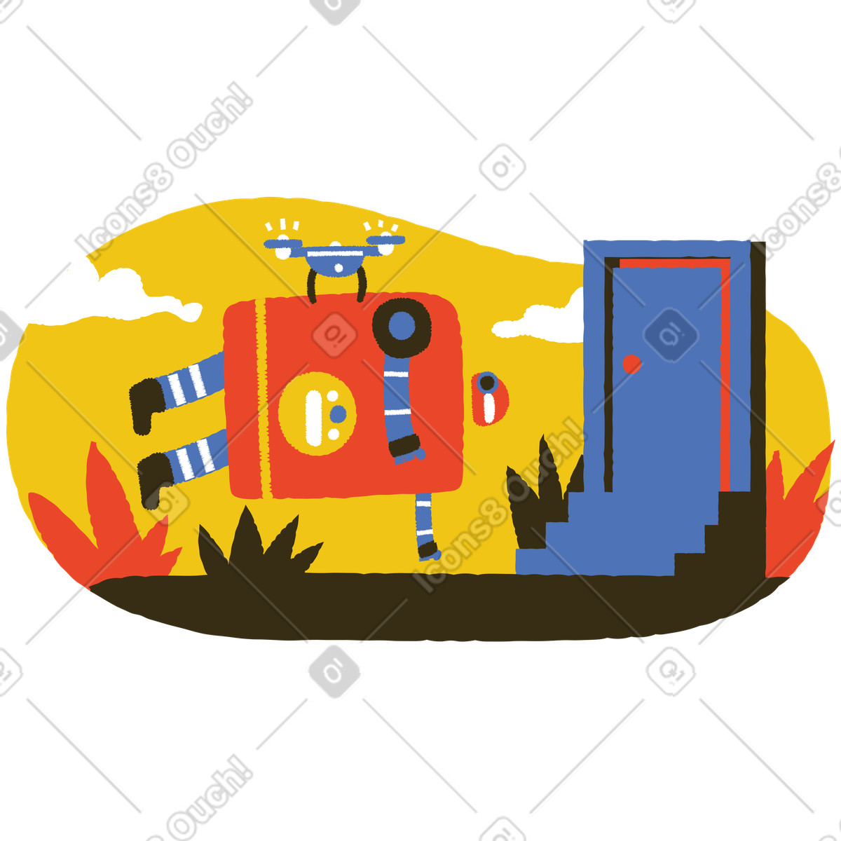 Ilustración Drone entregando robot a la puerta en estilo Bermuda descargar en PNG y SVG
