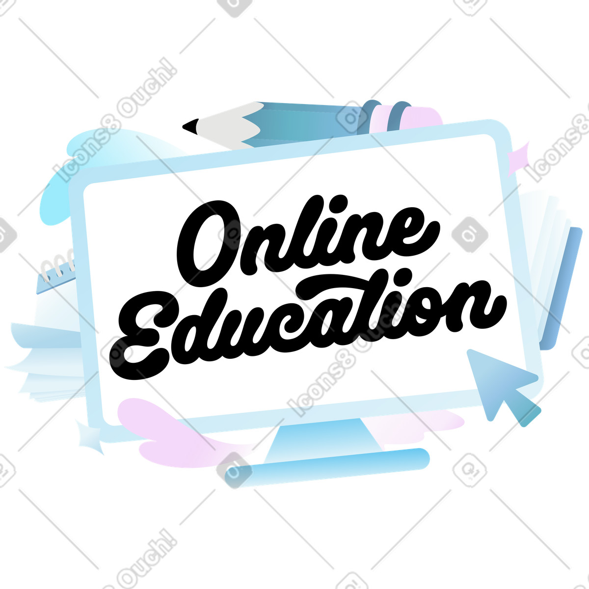 Online education lettering on computer screen, Virtual school setup illustration in Airy style download in PNG, SVG