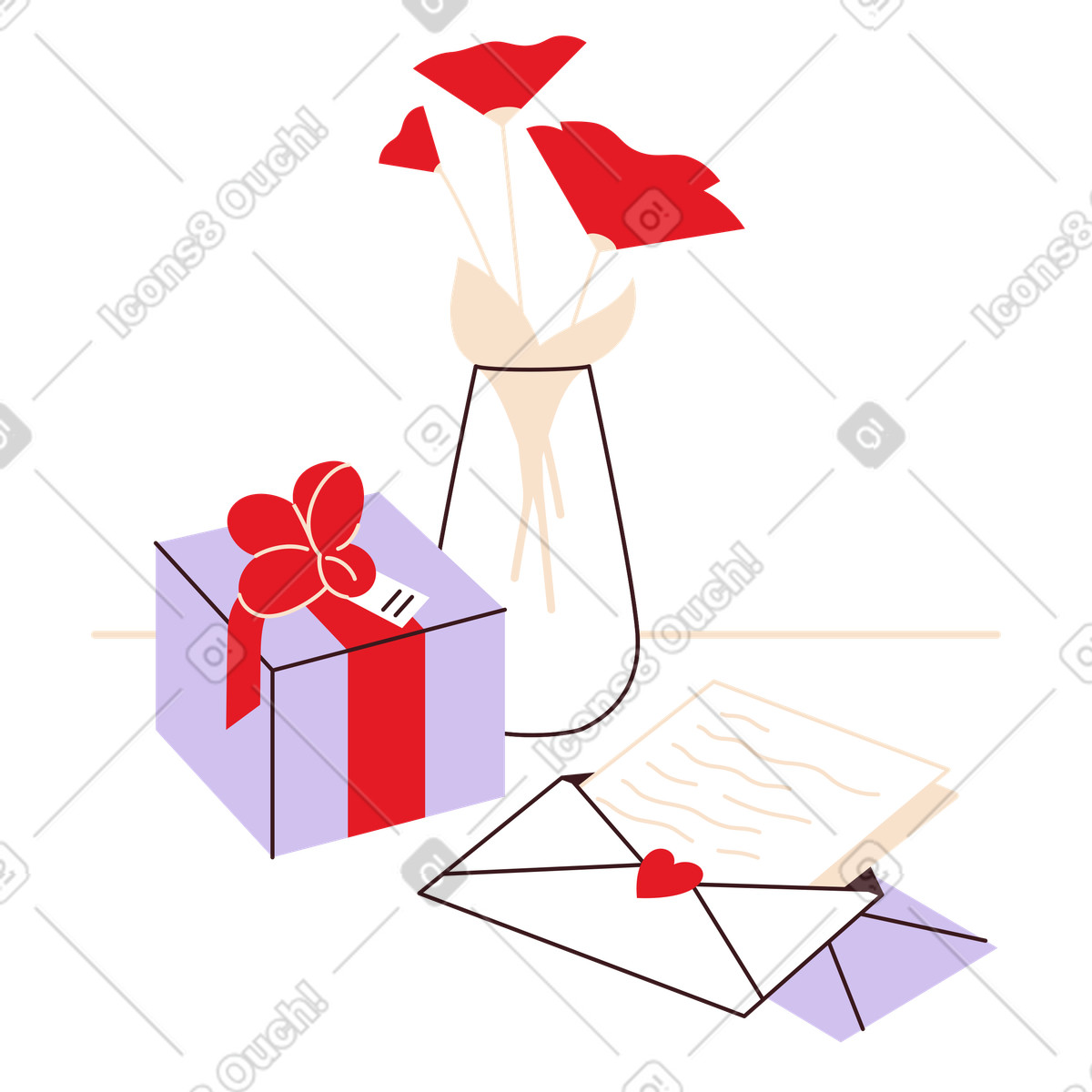 Ilustración Flores, regalo y carta para el día de los enamorados. en estilo Folks a descargar en PNG SVG