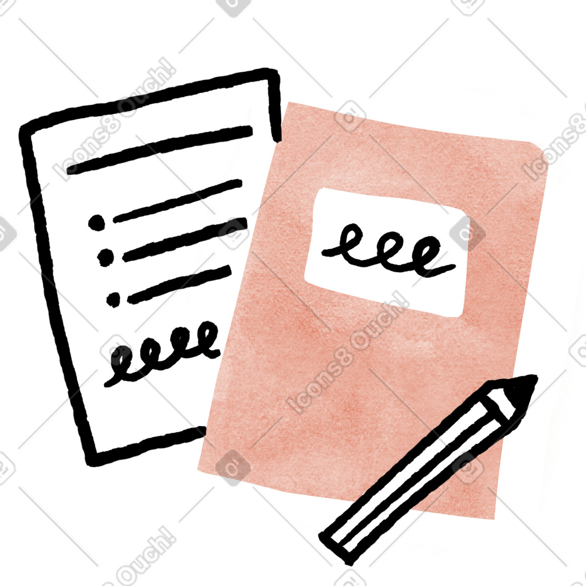 Notebook with lined homework sheet and pencil for study tasks illustrazione in stile Anthropic Claude Hand Drawn scarica in PNG, SVG