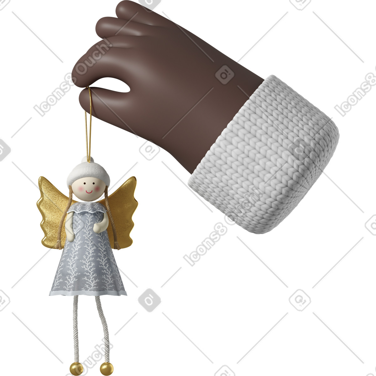 3D Hands Fun&Wild スタイルの クリスマスの天使のおもちゃを持っている黒い肌の手 のイラストをPNG、SVG形式でダウンロード